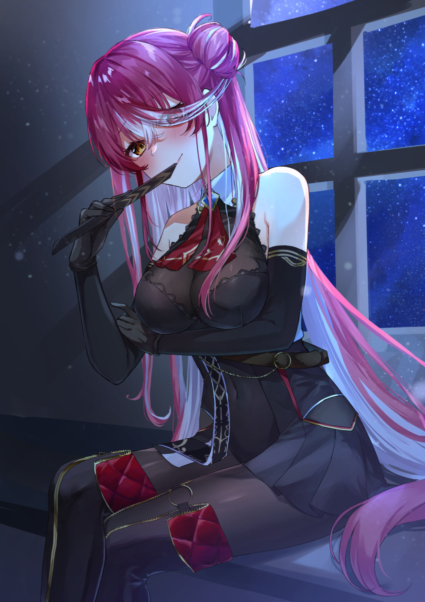 1girl, ayatsuki_hina, bangs, bare_shoulders, black_footwear, black_gloves, black_leotard, blush