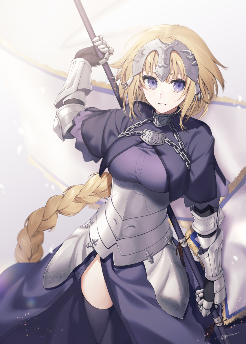 1girl, absurdres, armor, armored_dress, black_thighhighs, blonde_hair, braid, breasts
