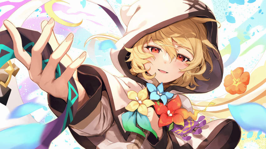 alex_(dragalia_lost), anniversary, dragalia_lost, fingernails, flower, half-closed_eyes, happy, highres