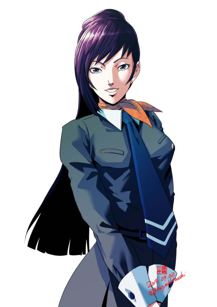 1girl, black_hair, brown_eyes, dated, gin'oya, kirishima_eriko, long_hair, looking_at_viewer, necktie, persona, persona_1, ponytail, school_uniform, simple_background, smile, solo, st._hermelin_school_uniform, white_background