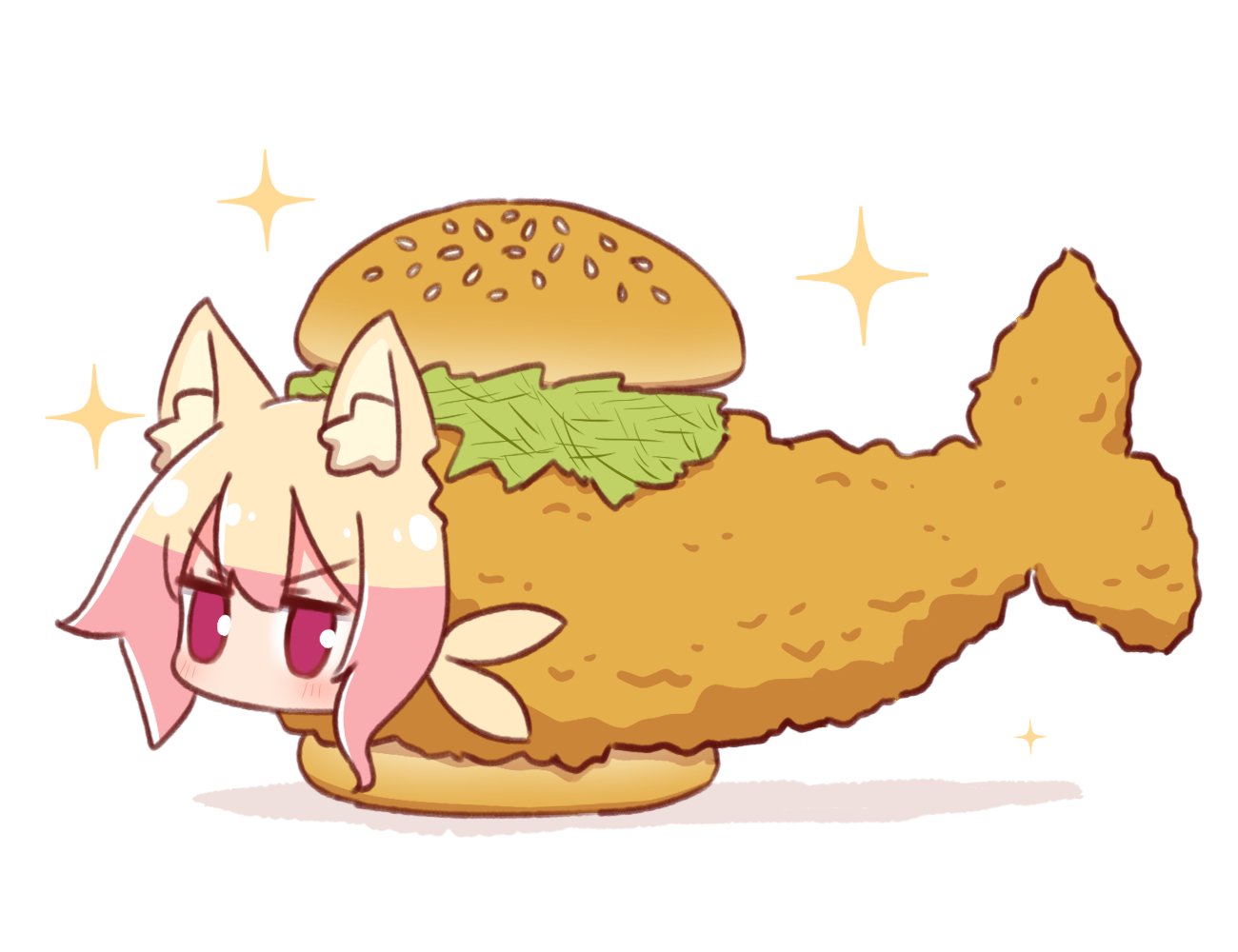 1girl, animal_ear_fluff, animal_ears, bangs, blonde_hair, burger, commentary_request, fish_burger, food, fox_ears, fried_fish, full_body, hair_between_eyes, kemomimi-chan_(naga_u), looking_away, naga_u, original, shadow, simple_background, solo, sparkle, v-shaped_eyebrows, violet_eyes, white_background