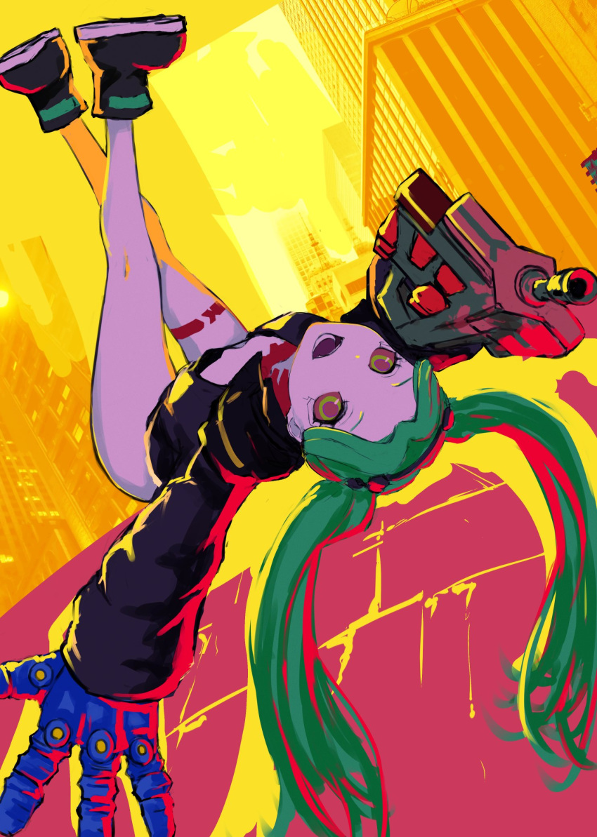 1girl, artificial_eye, black_bra, black_jacket, bra, breasts, colored_sclera, colored_skin