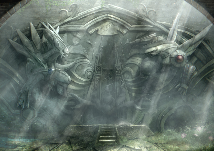 absurdres, blue_gemstone, blurry, blurry_foreground, brick_wall, chromatic_aberration, commentary_request, darkrai
