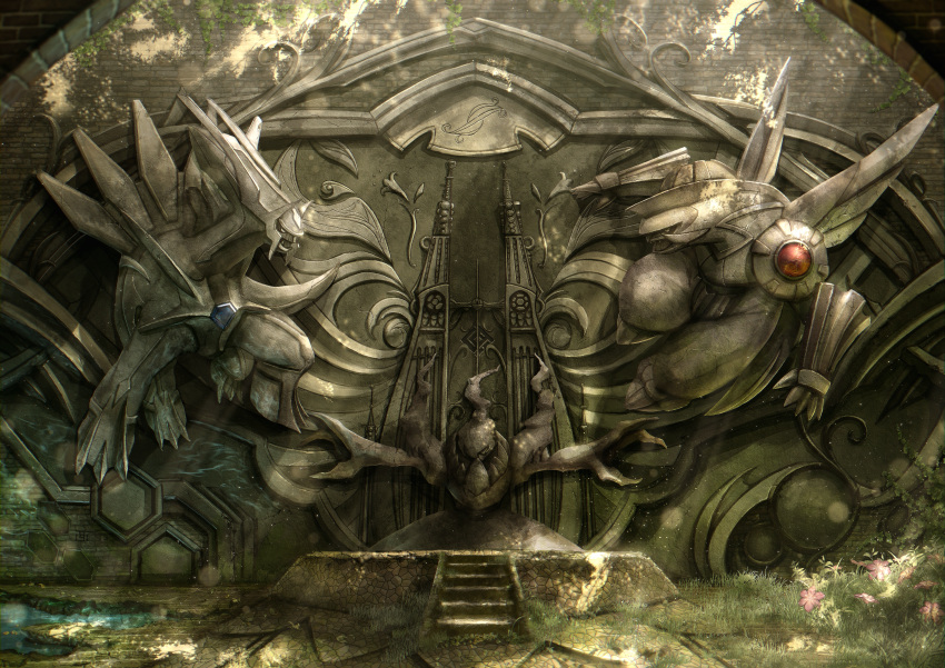 absurdres, blue_gemstone, blurry, blurry_foreground, brick_wall, chromatic_aberration, commentary_request, dappled_sunlight, darkrai, day, dialga, flower, gem, grass, highres, indoors, ivy, kozsen_810290, light_particles, light_rays, no_humans, palkia, partial_commentary, pink_flower, pokemon, pokemon_(creature), red_gemstone, stairs, statue, sunlight, water, watermark