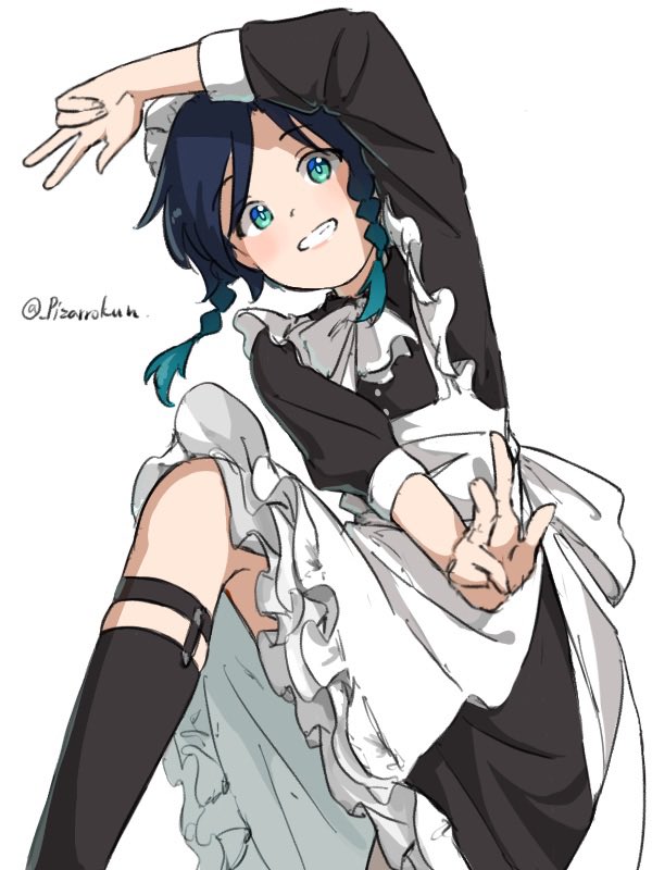 1boy, alternate_costume, apron, bangs, black_hair, blue_eyes, blue_hair, blush