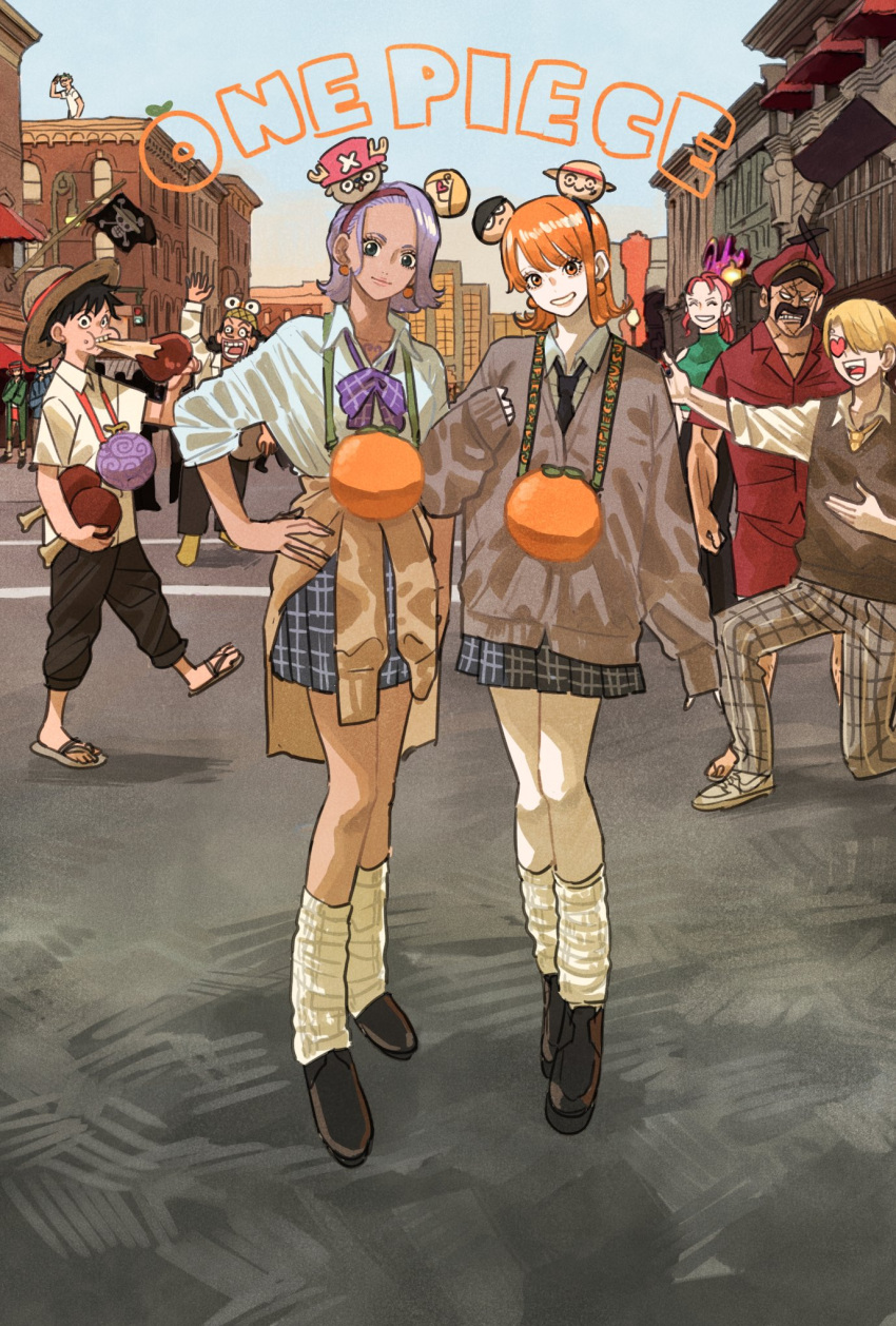 3girls, 6+boys, alternate_costume, asymmetrical_bangs, bangs, bellemere, boned_meat, building
