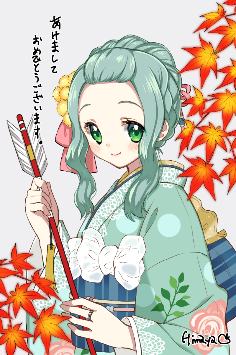 1girl, aqua_hair, aqua_kimono, arrow_(projectile), autumn_leaves, bangs_pinned_back, blue_sash, blush