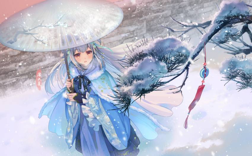 1girl, :o, absurdres, blue_cloak, blue_ribbon, blue_skirt, blush, branch