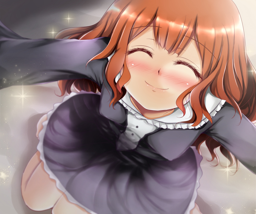 1girl, andrew_(duel_angel), atachi_mimi, blush, closed_eyes, closed_mouth, dress, from_above, hair_between_eyes, highres, kneeling, light_brown_hair, long_hair, looking_at_viewer, sitting, smile, solo, sparkle, yu-gi-oh!, yu-gi-oh!_sevens