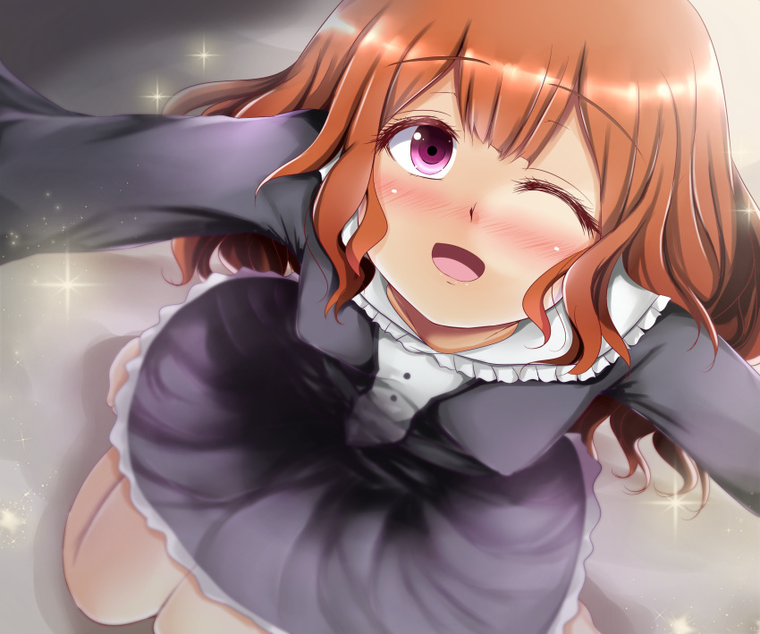 1girl, :d, andrew_(duel_angel), atachi_mimi, blush, dress, from_above, highres