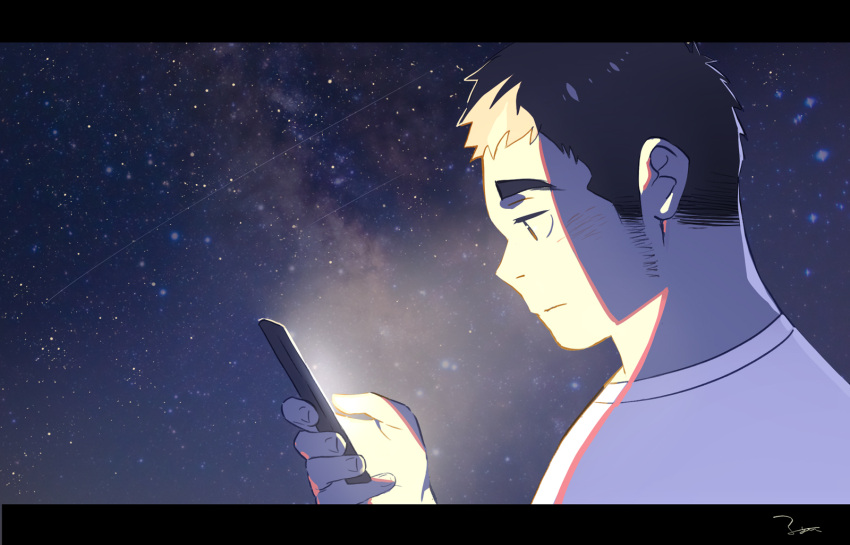 1boy, brown_eyes, brown_hair, cellphone, commentary_request, fai_(fai-storage), from_side, half-closed_eyes, hand_up, highres, holding, holding_phone, letterboxed, looking_at_phone, night, night_sky, original, phone, sad, screen_light, shirt, short_hair, sideburns, signature, sky, smartphone, solo, star_(sky), starry_sky, upper_body, white_shirt