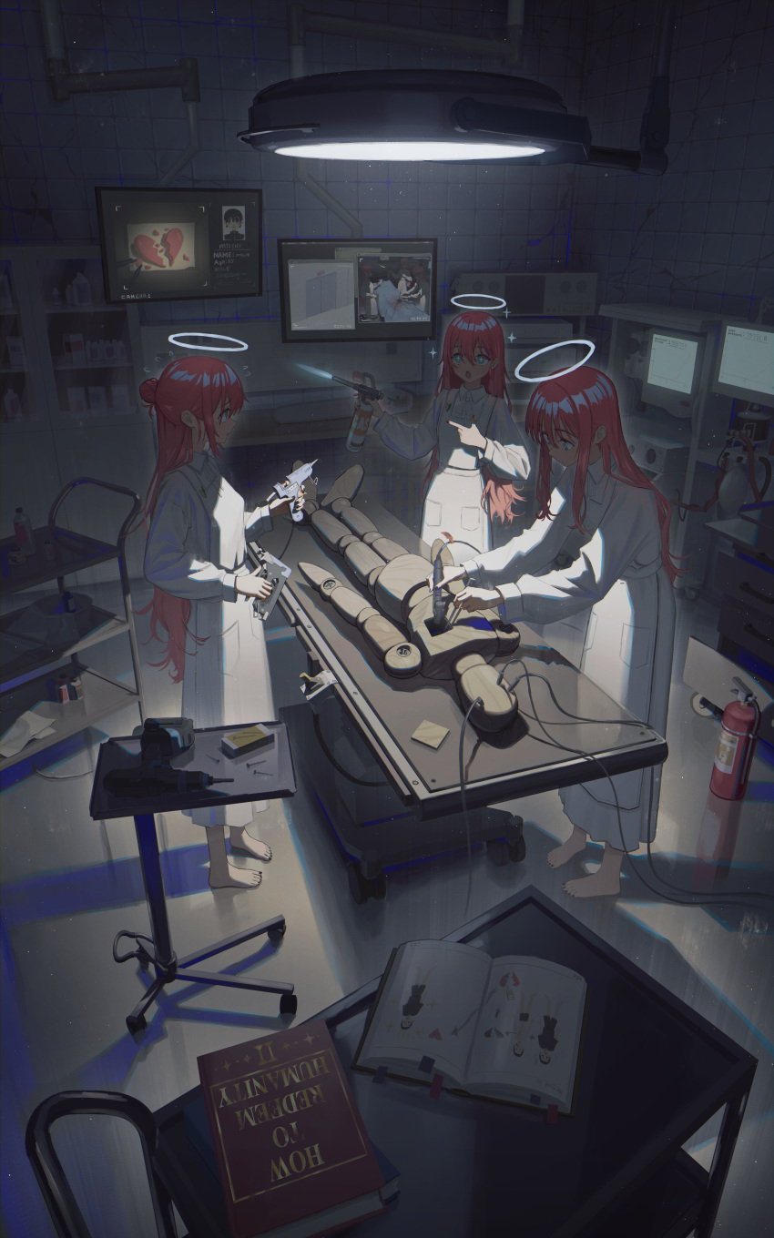 3girls, absurdres, apron, bangs, barefoot, book, dress, fire, fire_extinguisher, glowing, hair_bun, halo, highres, indoors, kenharu, long_hair, long_sleeves, mannequin, multiple_girls, open_book, original, pink_hair, pointing, screen, shadow, sidelocks, sparkle, table, welding_torch, white_apron, white_dress