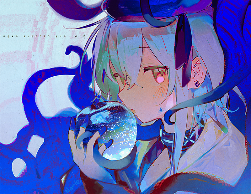 1boy, arknights, bangs, black_collar, black_shirt, blue_apple, blue_hair, blue_headwear