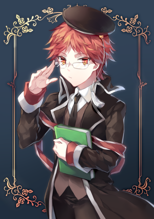 1boy, :/, adjusting_eyewear, bangs, black_coat, black_headwear, black_necktie, black_pants, book, brown_vest, coat, collared_coat, collared_shirt, cowboy_shot, expressionless, fanziju, framed, glasses, green_background, heine_wittgenstein, holding, holding_book, looking_at_viewer, male_focus, necktie, oushitsu_kyoushi_heine, pants, parted_bangs, red_eyes, redhead, shirt, short_hair, sleeve_cuffs, solo, tassel, vest, white_shirt, yellow_pupils