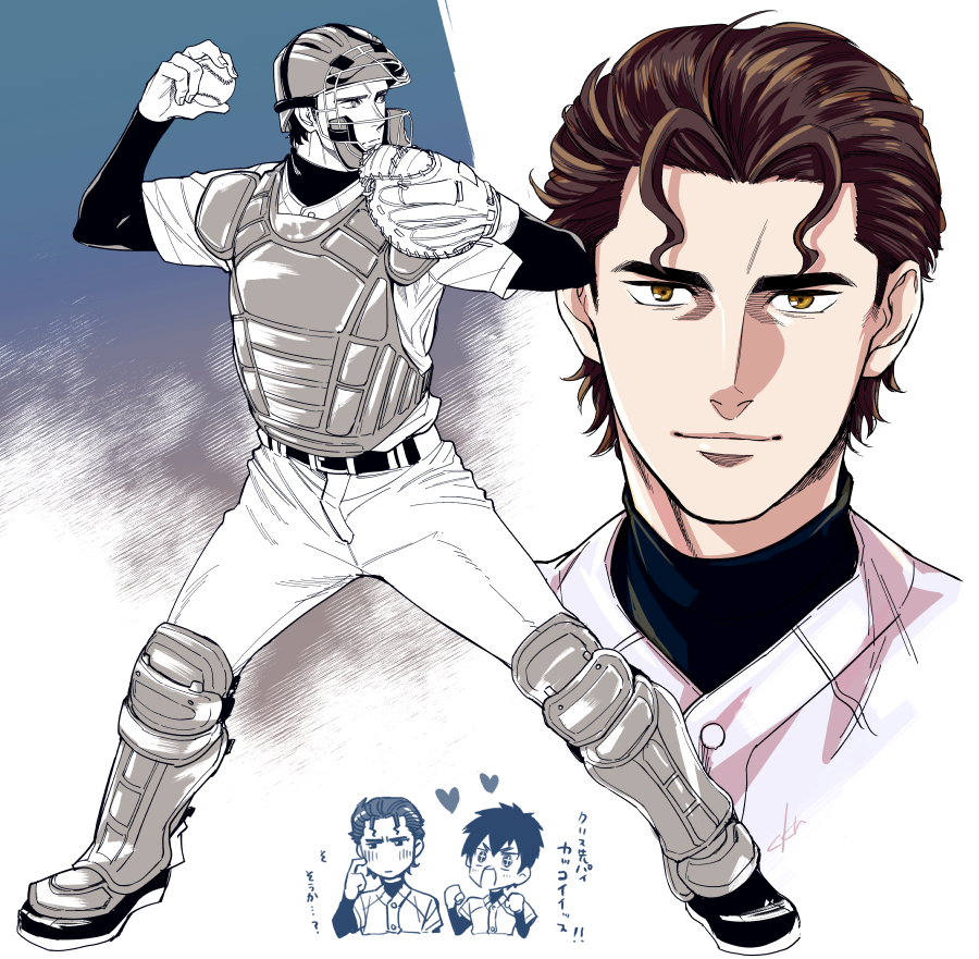 2boys, ace_of_diamond, baseball, baseball_catchers_mask, baseball_mitt, baseball_uniform, brown_eyes, brown_hair