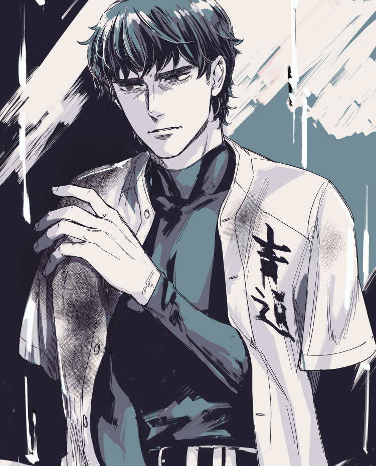 1boy, ace_of_diamond, baseball_uniform, egg_(cknlun), greyscale, long_sleeves, male_focus, monochrome