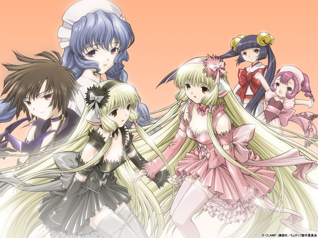 6+girls, android, black_hair, blonde_hair, blue_hair, brown_hair, chii, chobits