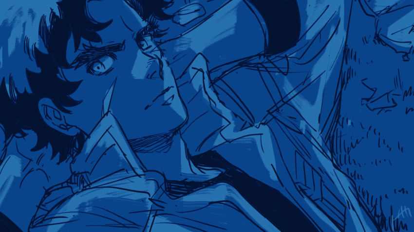 1boy, arms_behind_head, blue_theme, egg_(cknlun), joe_(megalo_box), looking_at_viewer, lying, male_focus