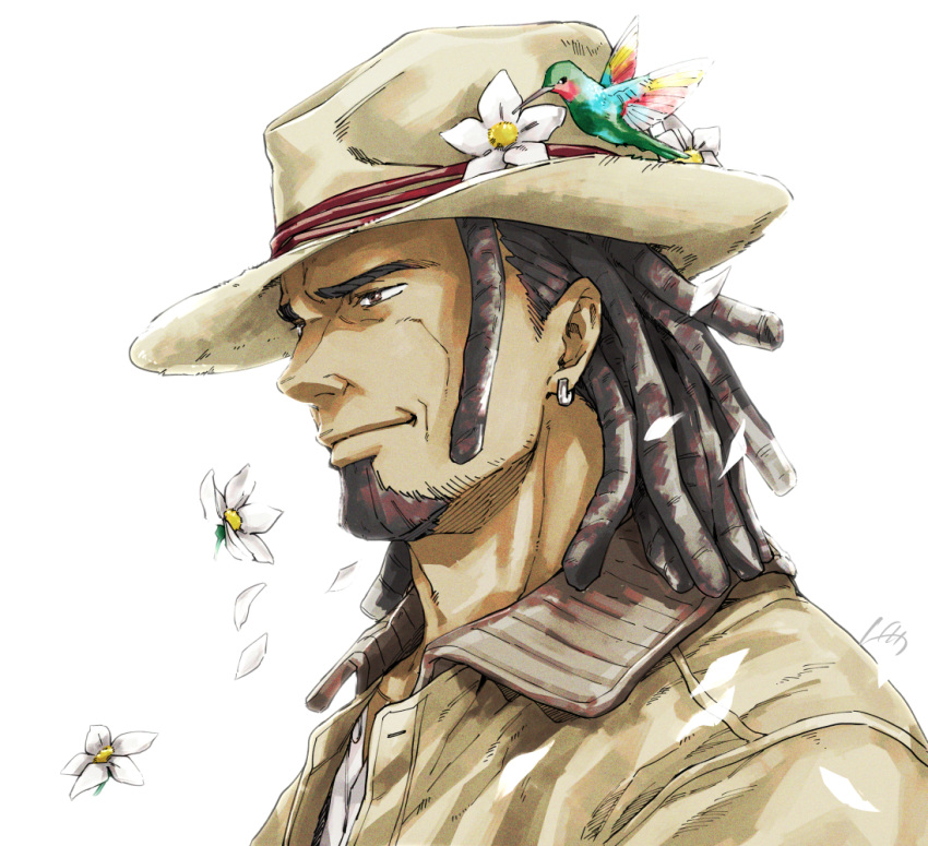 1boy, beard, bird, brown_hair, brown_jacket, chief_(megalo_box), dark-skinned_male, dark_skin