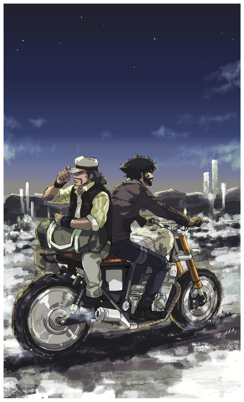 2boys, armband, bag, beard, black_hair, black_vest, brown_jacket, driving, duffel_bag, egg_(cknlun), facial_hair, ground_vehicle, hat, highres, jacket, joe_(megalo_box), long_sleeves, male_focus, medium_hair, megalo_box, motor_vehicle, motorcycle, multiple_boys, mustache, nanbu_gansatsu, outdoors, pants, scar, scar_on_cheek, scar_on_face, short_hair, short_sleeves, vest