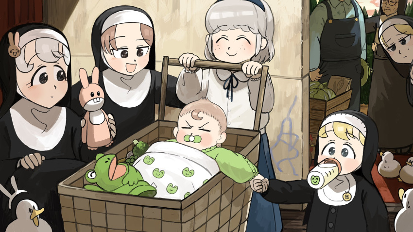 1boy, 6+girls, :d, ^_^, aged_down, animal_ears, baby, baby_bottle