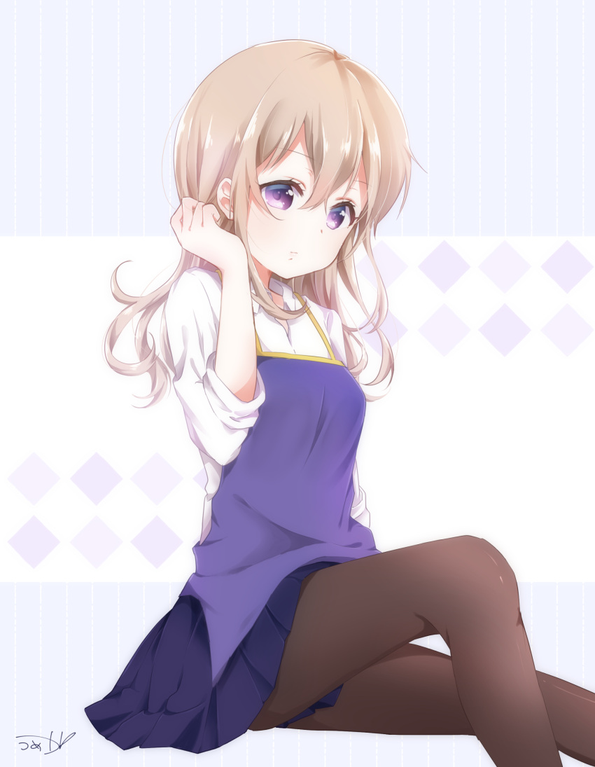 1girl, absurdres, bangs, blue_skirt, brown_pantyhose, closed_mouth, dress_shirt, hair_between_eyes