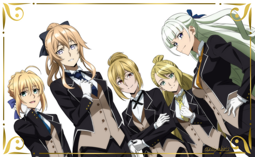 5girls, :d, ahoge, artoria_pendragon_(fate), bangs, black_bow, black_jacket, black_ribbon, blonde_hair, blue_bow, blue_necktie, bow, braid, braided_bun, brown_eyes, brown_vest, character_request, closed_mouth, crossed_arms, dutch_angle, fate/stay_night, fate_(series), formal, framed, genshin_impact, gloves, green_eyes, green_hair, grey_eyes, hair_between_eyes, hair_bow, hair_bun, hand_in_own_hair, hand_on_hip, high_ponytail, highres, higuchi_ichiyou_(bungou_stray_dogs), jacket, jean_(genshin_impact), light_brown_hair, long_hair, long_sleeves, looking_at_viewer, miyabi_mt-b, multiple_girls, neck_ribbon, necktie, open_clothes, open_jacket, open_mouth, orange_necktie, ribbon, saber, saint-germain_(symphogear), senki_zesshou_symphogear, shiny, shiny_hair, smile, vest, white_background, white_gloves, yellow_necktie