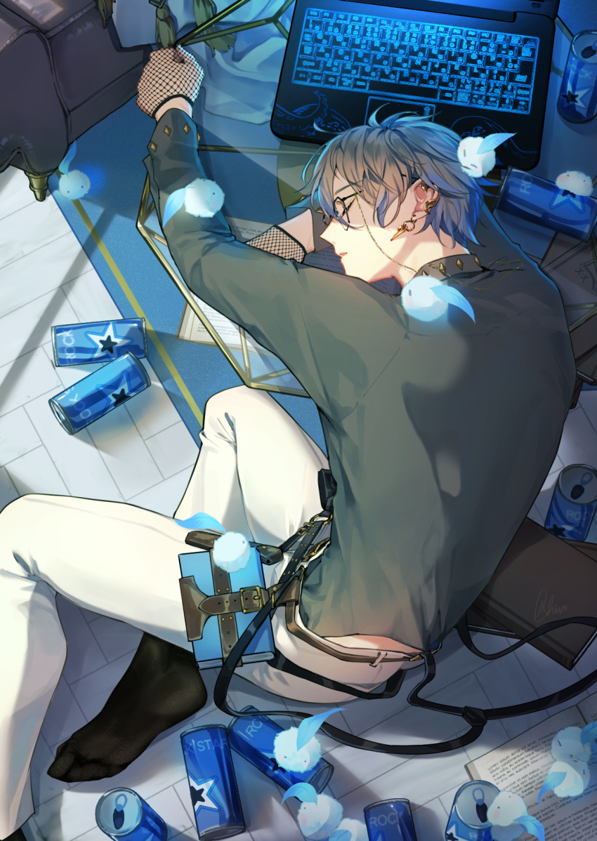 1boy, 20chinn, ahoge, black_gloves, black_shirt, black_socks, blue_hair, book