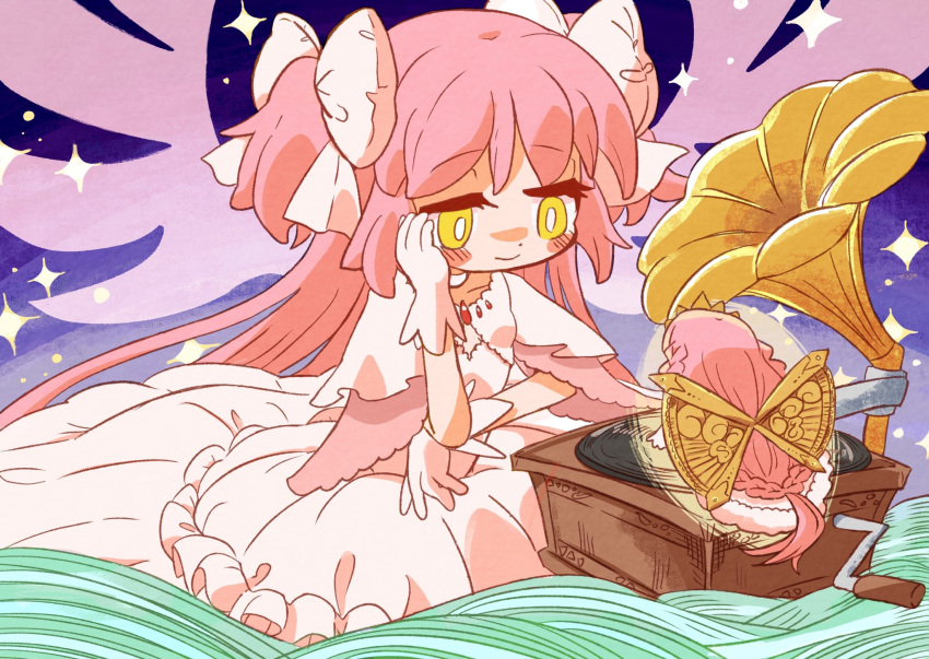 2girls, absurdly_long_hair, bangs, blush_stickers, bow, braid, choker, cropped_jacket, crown, dress, frilled_dress, frills, fur-trimmed_dress, fur_trim, gloves, goddess_madoka, golden_wings, hair_bow, head_rest, highres, infinite_iroha, jacket, kaname_madoka, layered_dress, layered_sleeves, leon0510, long_hair, looking_at_another, low_neckline, low_ponytail, magia_record:_mahou_shoujo_madoka_magica_gaiden, mahou_shoujo_madoka_magica, multiple_girls, phonograph, pink_gemstone, pink_hair, pink_wings, sad_smile, short_sleeves, side_braids, sidelocks, size_difference, sparkle, swept_bangs, tamaki_iroha, two_side_up, very_long_hair, white_bow, white_choker, white_dress, white_gloves, white_jacket, wide_sleeves, wings, yellow_eyes