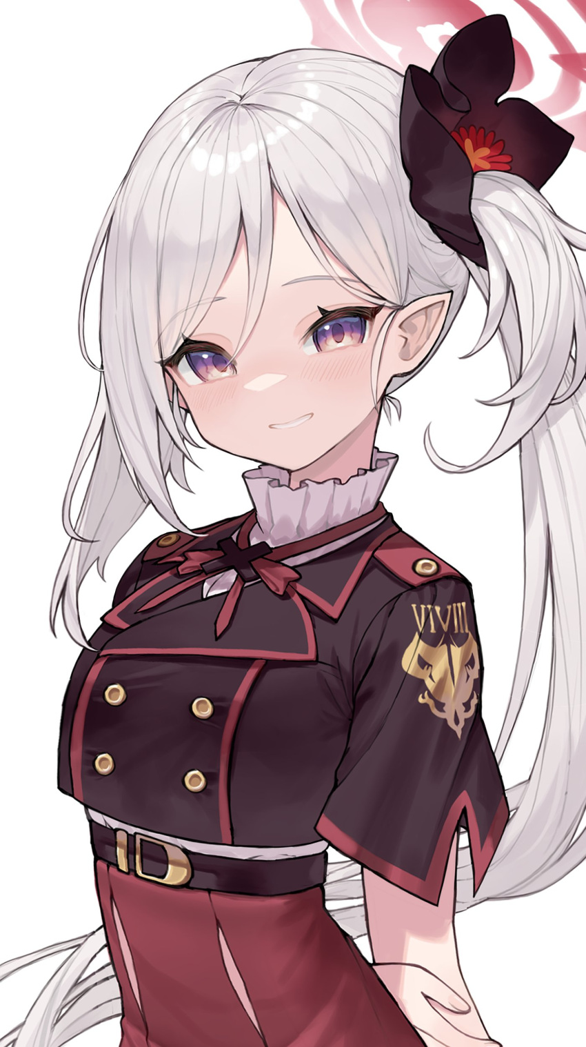 1girl, absurdres, arched_back, arms_behind_back, bangs, belt, black_flower, blue_archive
