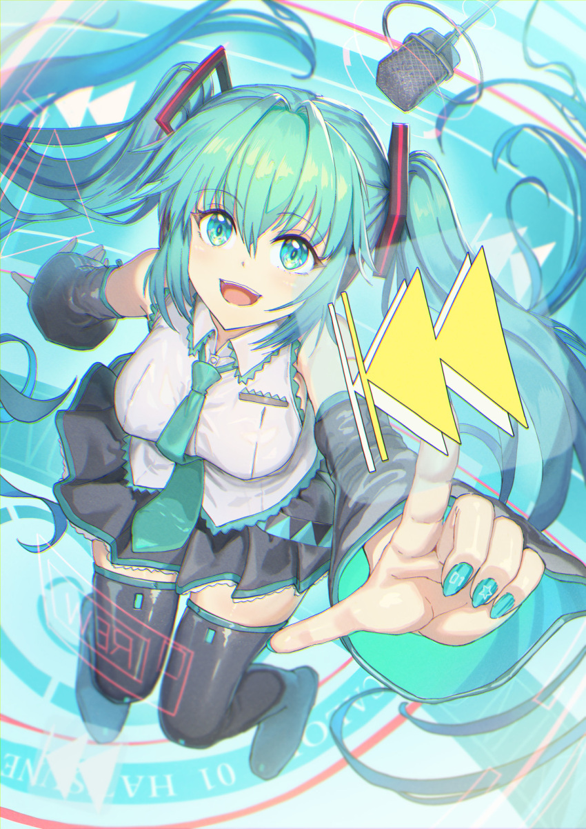 1girl, aqua_eyes, aqua_hair, aqua_nails, aqua_necktie, black_footwear, black_skirt, black_sleeves