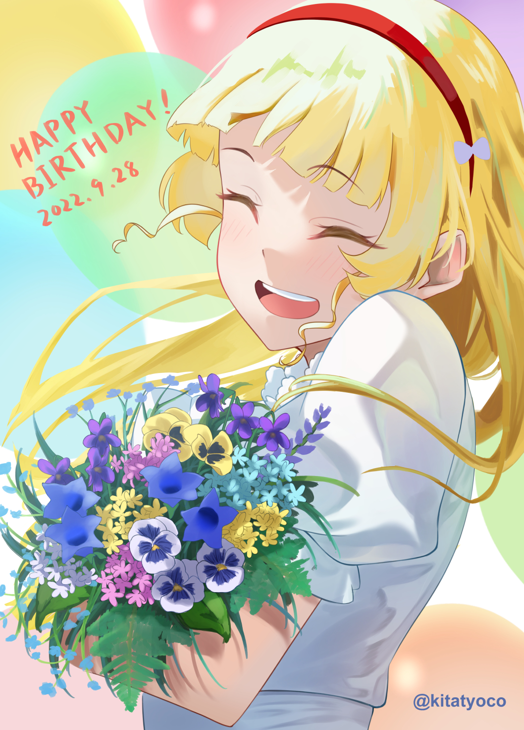 ^_^, bangs, blonde_hair, blunt_bangs, bouquet, closed_eyes, dated, flower