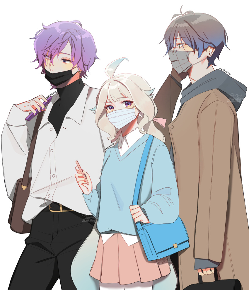 1girl, 2boys, absurdly_long_hair, absurdres, ahoge, bag, bangs, belt