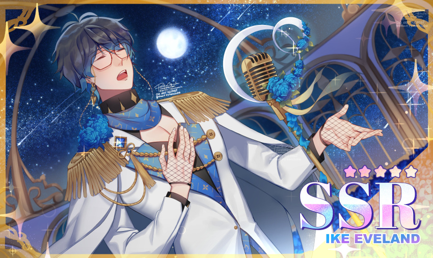 1boy, absurdres, black_gloves, black_hair, black_shirt, blue_flower, blue_hair, blue_scarf