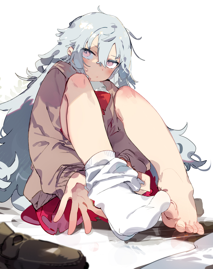 1girl, bare_shoulders, barefoot, blush, bow, bowtie, brown_cardigan, cardigan