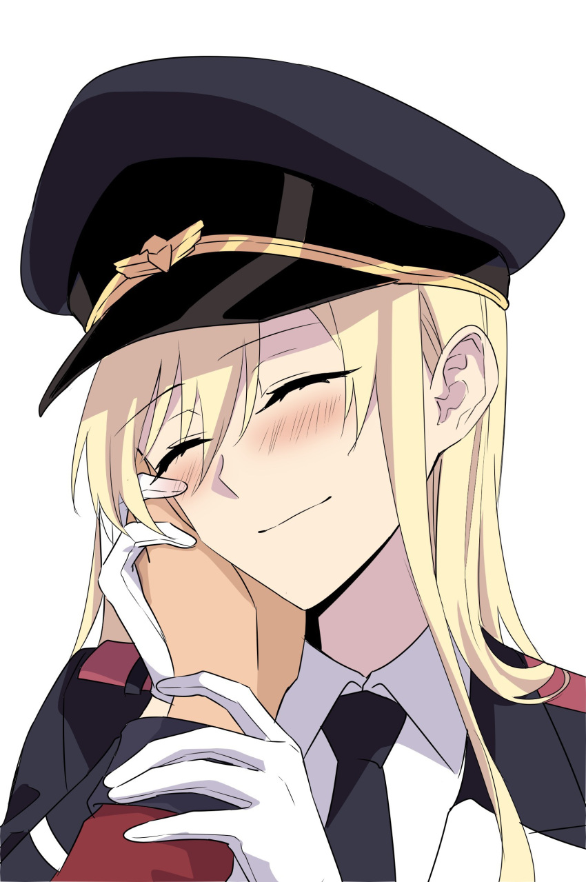 1girl, absurdres, bangs, black_headwear, black_jacket, black_necktie, blonde_hair, blush