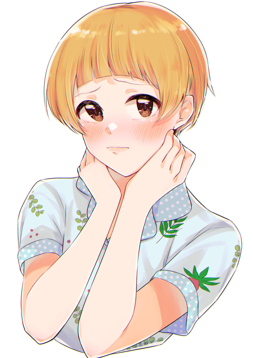 1girl, absurdres, bangs, blonde_hair, blue_shirt, blunt_bangs, blush, cropped_torso, fukuda_noriko, full-face_blush, hands_on_own_neck, highres, idolmaster, idolmaster_million_live!, leaf_print, looking_at_viewer, parted_lips, polka_dot_collar, polka_dot_sleeves, shirt, short_hair, simple_background, solo, white_background, yokoya_inori