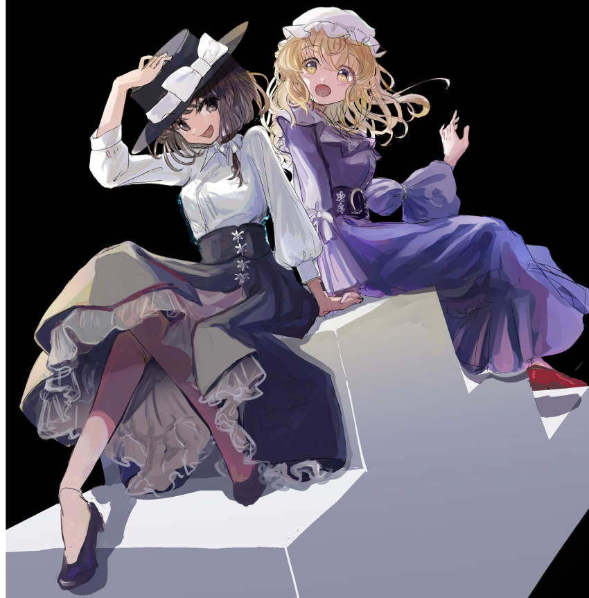 2girls, :d, black_background, black_headwear, black_skirt, blonde_hair, bow, brown_eyes, brown_hair, commentary_request, dress, fedora, frilled_skirt, frills, hair_ribbon, hand_on_headwear, hat, hat_bow, highres, long_skirt, long_sleeves, looking_at_viewer, maribel_hearn, minus_(sr_mineka), mob_cap, multiple_girls, open_mouth, purple_dress, red_footwear, ribbon, shirt, sitting, skirt, smile, touhou, tress_ribbon, usami_renko, white_bow, white_ribbon, white_shirt, wide_sleeves, yellow_eyes