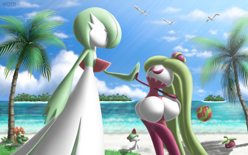 1other, 3girls, ^_^, absurdres, arm_up, arms_up, artist_name, ball, bangs, beach, beachball, bellossom, berry_(pokemon), bird, blue_sky, blunt_bangs, bob_cut, bounsweet, bowl_cut, closed_eyes, closed_mouth, clouds, colored_skin, commentary, day, english_commentary, facing_another, flat_chest, flower, from_side, full_body, gardevoir, grass, grass_skirt, green_hair, green_skin, green_skirt, hair_over_eyes, hand_up, happy, high_five, highres, horizon, island, light_rays, long_hair, monster_girl, multicolored_skin, multiple_girls, ocean, open_mouth, outdoors, outstretched_arm, palm_tree, plant_girl, pokemon, pokemon_(creature), profile, purple_skin, ralts, red_flower, sand, short_hair, skirt, sky, smile, standing, sunlight, tree, tsareena, two-tone_skin, very_long_hair, void_(starvoid7), water, watermark, watmel_berry, white_skin, wingull