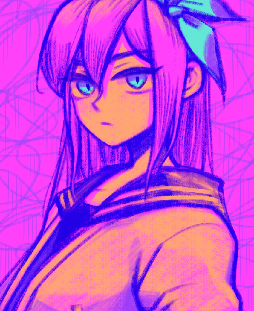 1girl, aubrey_(omori), blue_eyes, closed_mouth, collarbone, expressionless, hairband, highres, jacket, laser-lance, long_hair, looking_at_viewer, omori, pink_hair, solo, upper_body, white_jacket