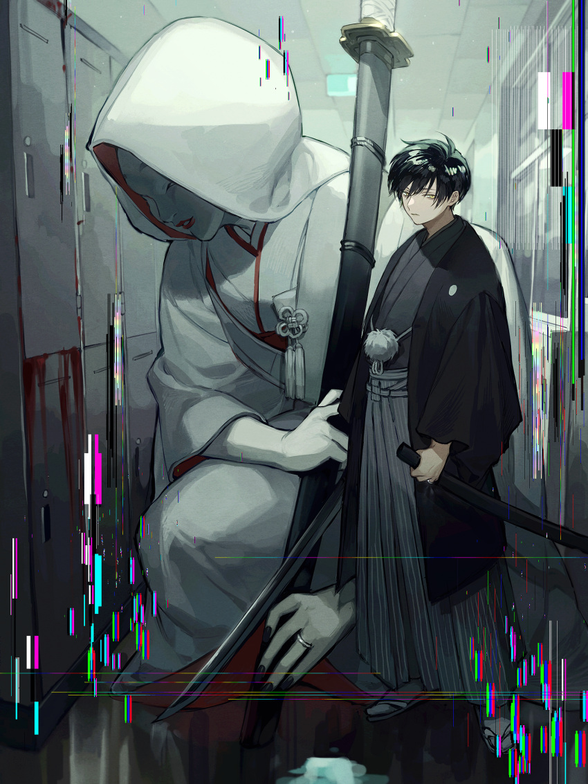 1boy, 1girl, bishounen, black_hair, black_hakama, black_nails, giant, giantess