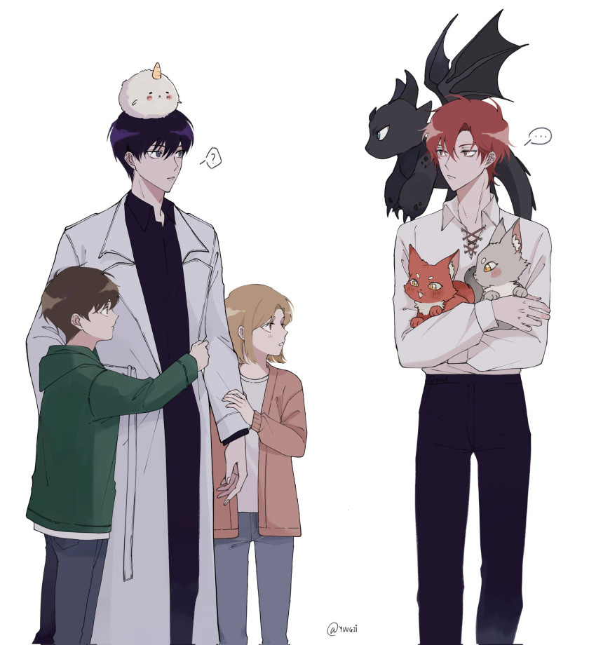 ..., 3boys, ?, animal, black_hair, black_pants, black_shirt, blonde_hair