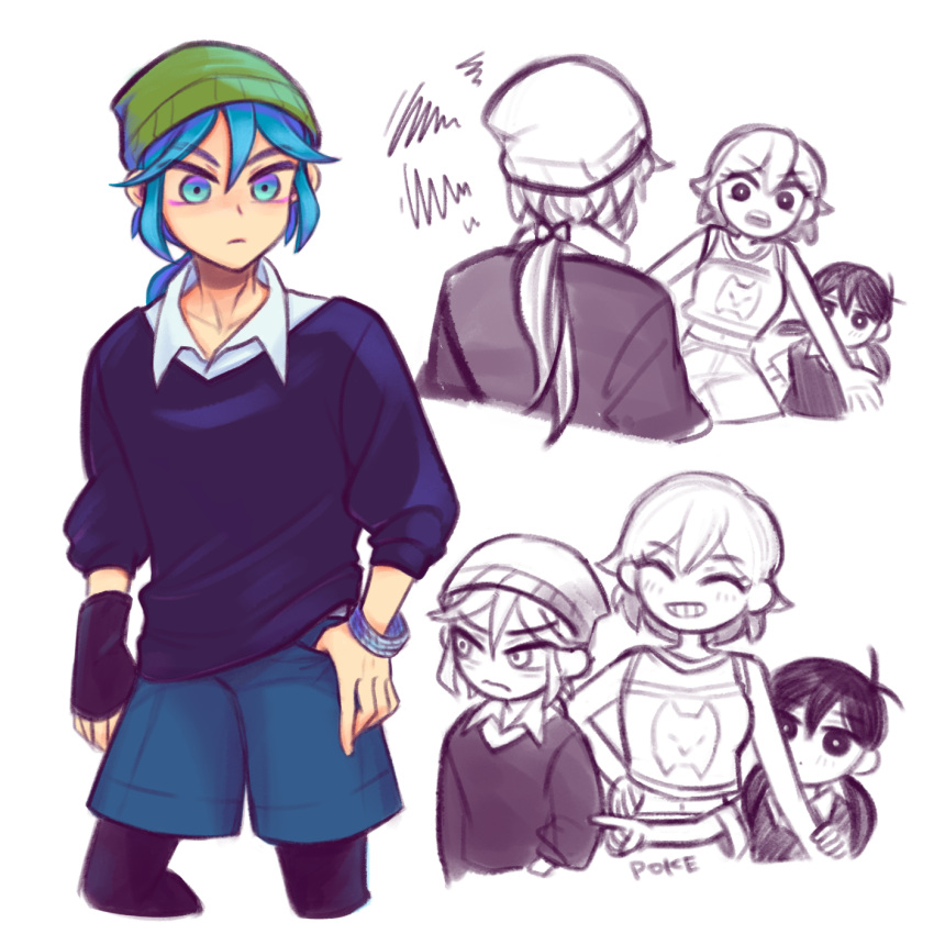 1boy, 2girls, aubrey_(omori), beanie, black_gloves, blue_eyes, blue_hair, blush, bow, bracelet, closed_mouth, collarbone, denim, denim_shorts, fingerless_gloves, genderswap, genderswap_(ftm), genderswap_(mtf), gloves, green_headwear, hair_bow, hat, highres, jewelry, kel_(omori), laser-lance, long_hair, multiple_girls, omori, ponytail, short_hair, shorts, single_glove, sunny_(omori)