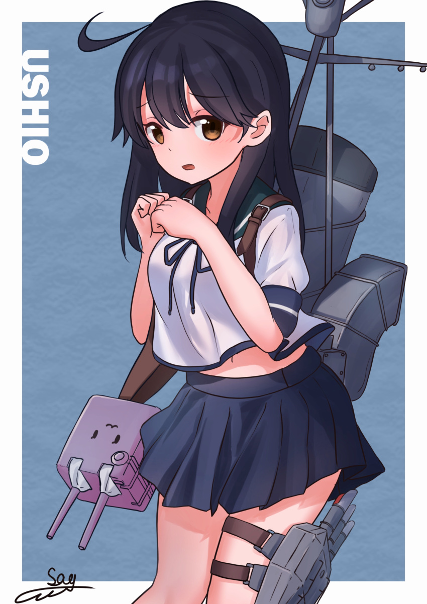 1girl, absurdres, ahoge, black_hair, blue_sailor_collar, blue_skirt, brown_eyes, character_name
