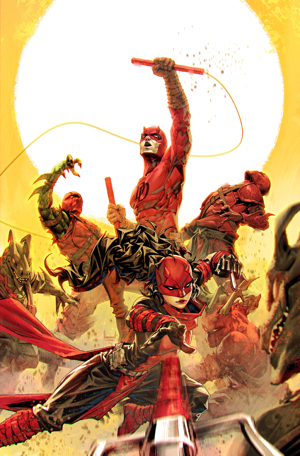 black_gloves, black_pants, black_shirt, bodysuit, comic_cover, cover_image, crossover, daredevil