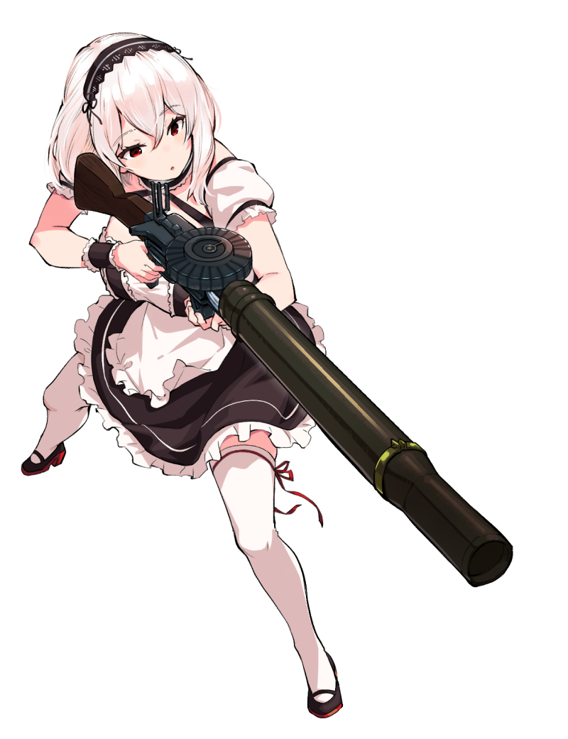 1girl, :o, apron, azur_lane, bangs, black_choker, black_footwear, black_ribbon, breasts, choker, dress, frilled_apron, frilled_dress, frills, gun, hair_between_eyes, holding, holding_gun, holding_weapon, large_breasts, legs_apart, lewis_gun, machine_gun, maid_apron, mary_janes, open_mouth, puffy_short_sleeves, puffy_sleeves, red_eyes, red_ribbon, ribbon, shoes, short_hair, short_sleeves, simple_background, single_horizontal_stripe, sirius_(azur_lane), solo, standing, thigh-highs, waist_apron, weapon, white_apron, white_background, white_hair, white_thighhighs, youhei_64d, zettai_ryouiki