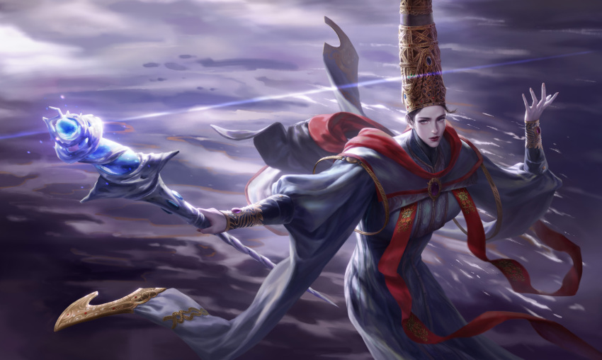 1girl, absurdres, black_hair, blue_robe, bracelet, brooch, chinese_commentary, commentary_request