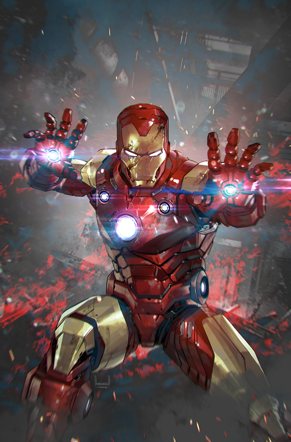 1boy, comic_cover, cover_image, damaged, english_commentary, falling, glowing_hands, highres