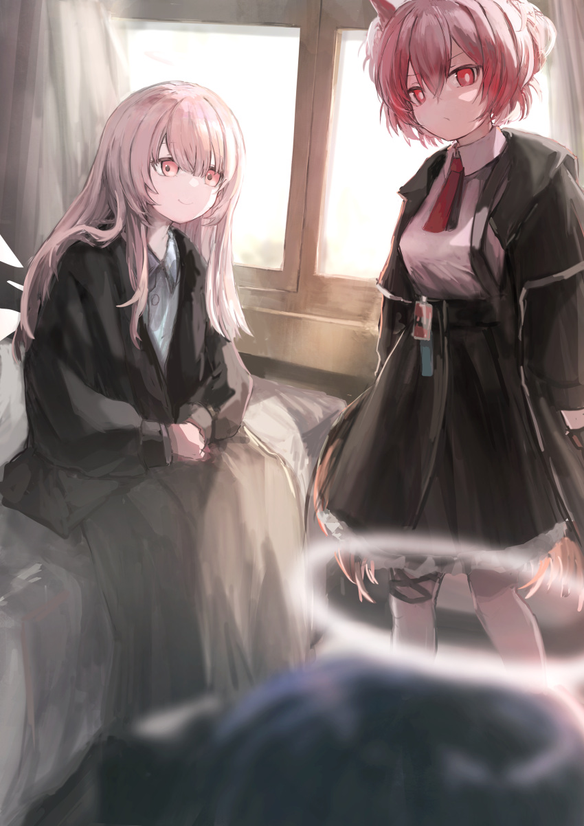 3girls, absurdres, arknights, bangs, bed, black_jacket, black_skirt, blue_hair