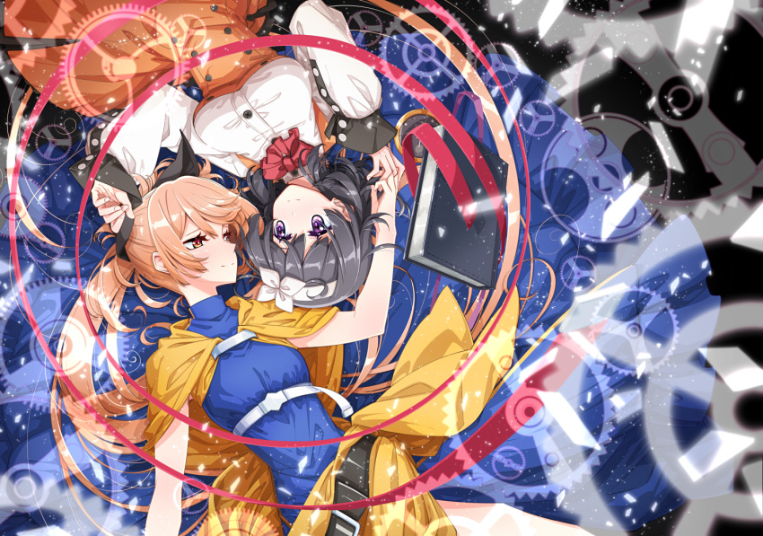 2girls, belt, black_belt, black_hair, black_ribbon, blonde_hair, blue_dress, book